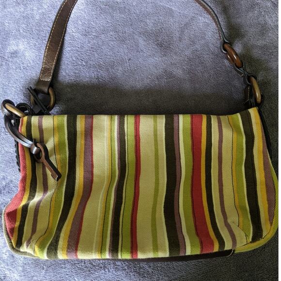 The Sak Handbags - Y2K Fossil Striped Multicolor Twill‎ Shoulder Bag Wooden Key Vintage Boho